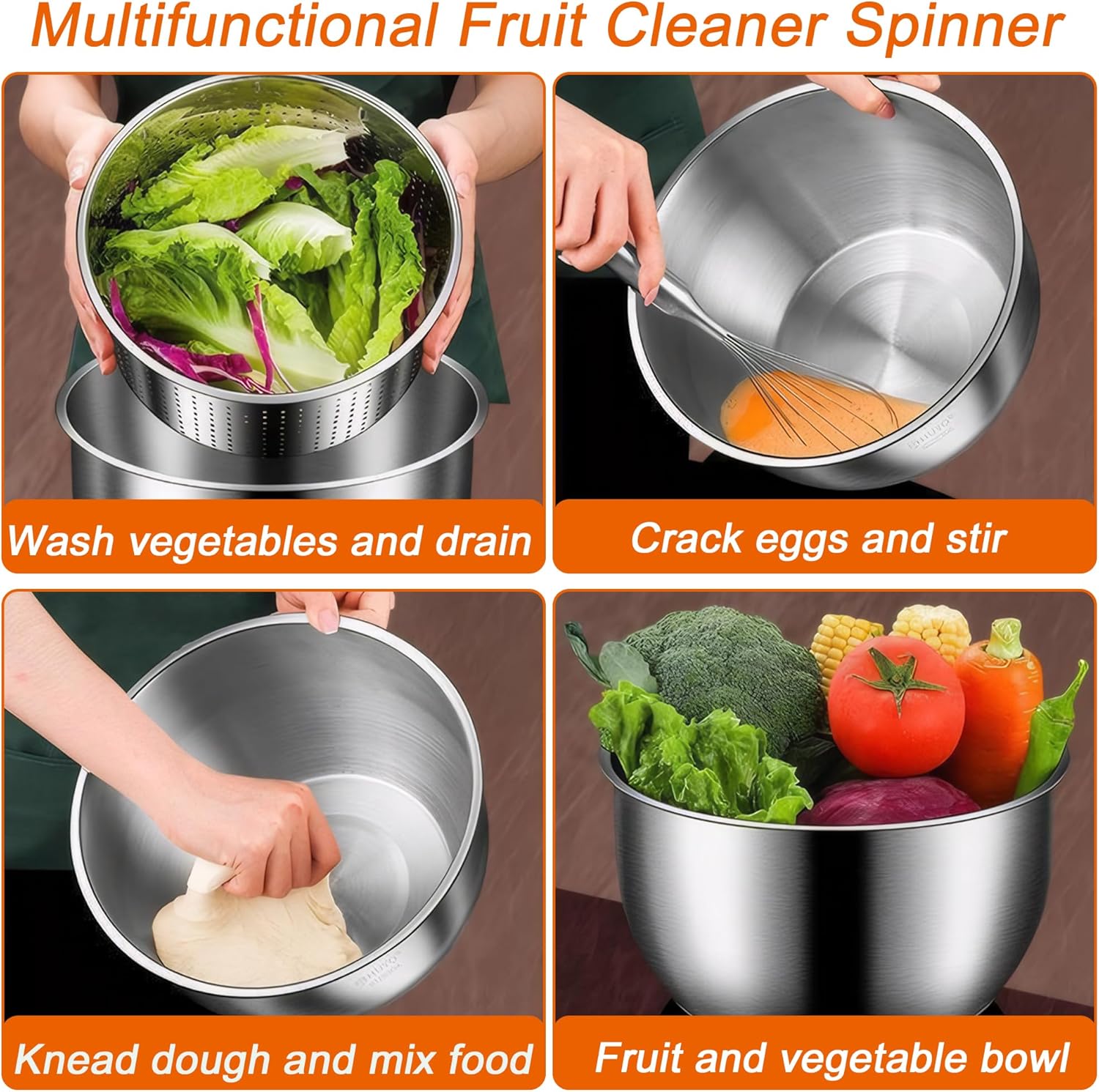 Large Salad Spinner 6L Stainless Steel with Washing Basket a7