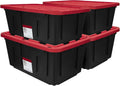 4 Pack 27 Gallon Plastic Storage Container with Snap-On Lid Black and Red Durable Organizer Bin for Home Office Garage Organization Heavy Duty Storage Solution for Toys Clothes Tools and More