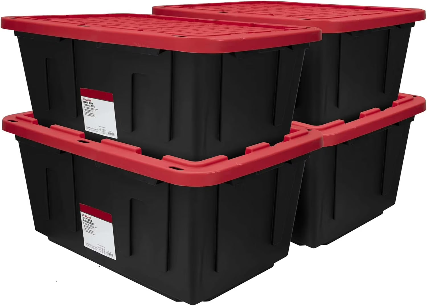 4 Pack 27 Gallon Plastic Storage Container with Snap-On Lid Black and Red Durable Organizer Bin for Home Office Garage Organization Heavy Duty Storage Solution for Toys Clothes Tools and More