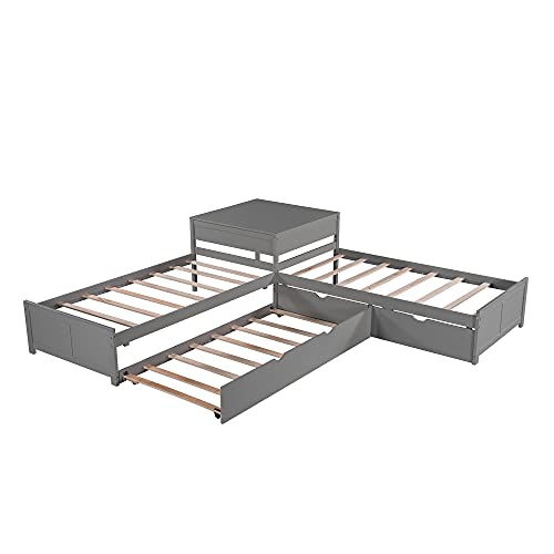 L-Shaped Corner Platform Bed with Trundle and Drawers Grey 7k