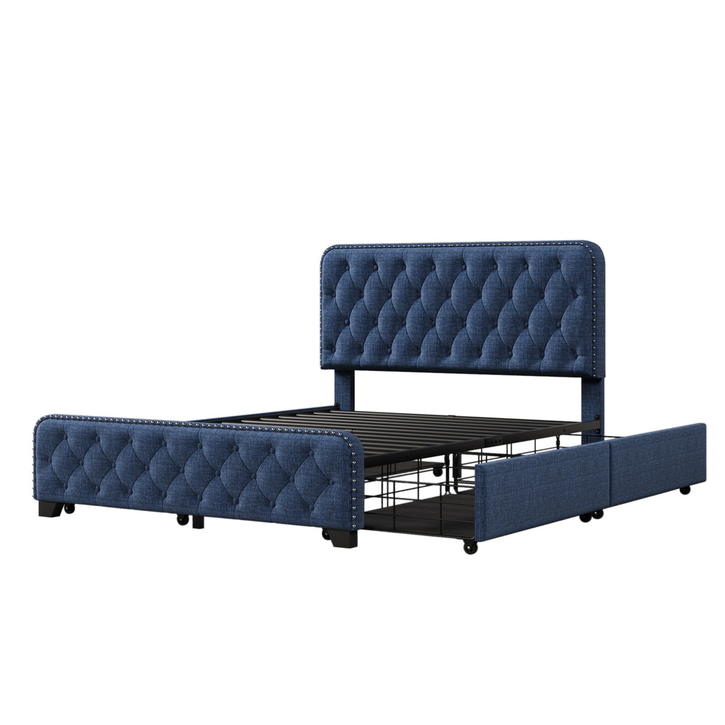 Upholstered Platform Bed Frame with Drawers, Tufted Headboard, Full A7
