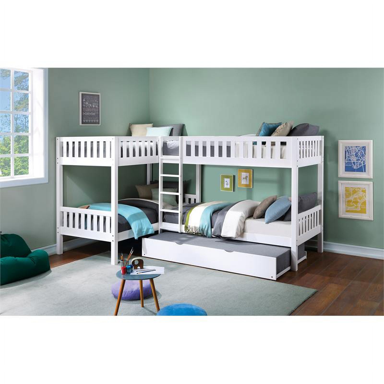 Wood Corner Bunk Bed with Twin Trundle White k7