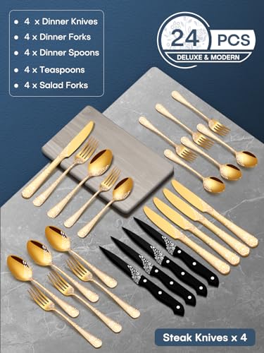 48-Piece Silverware Set with Steak Knives, Black Flatware for 8, Stainless Steel Cutlery Set a7