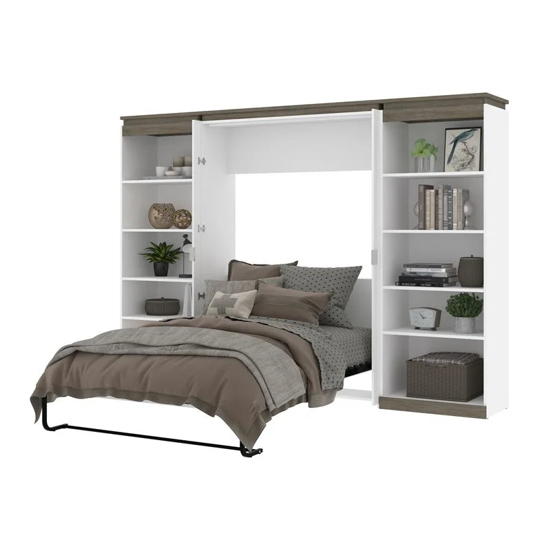 Modern Wood Full Murphy Bed with 2 Bookcases White k7