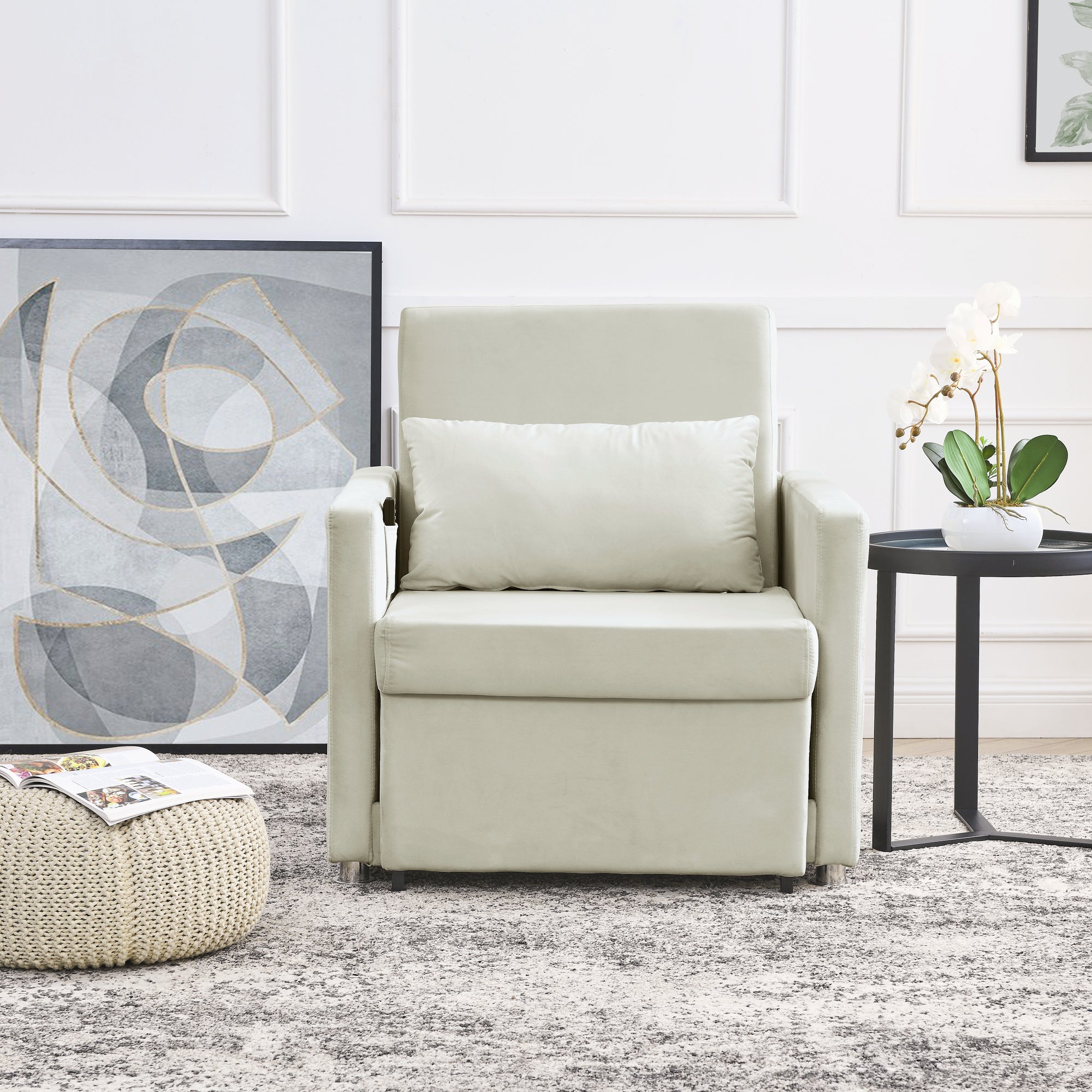 Sofa Bed Chair 2-in-1 Convertible Lounger Beige Velvet q7