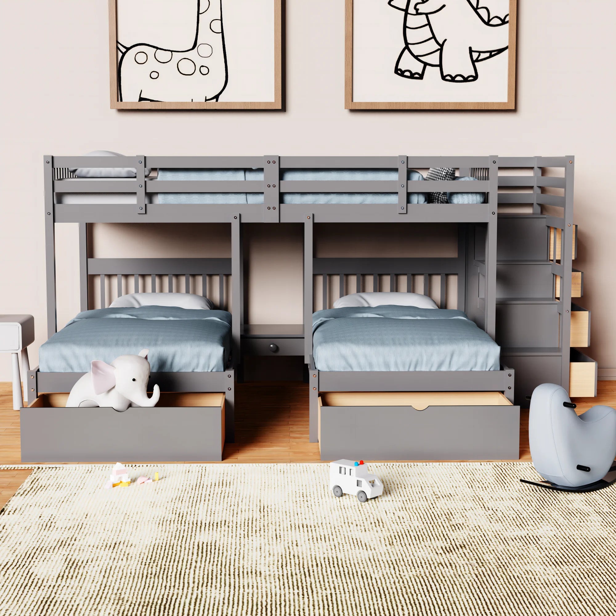 Twin & Twin Bunk Bed with Drawers and Guardrails k7