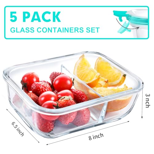 Glass Meal Prep Containers 2 Compartment 36OZ Airtight with Lids Grey k7