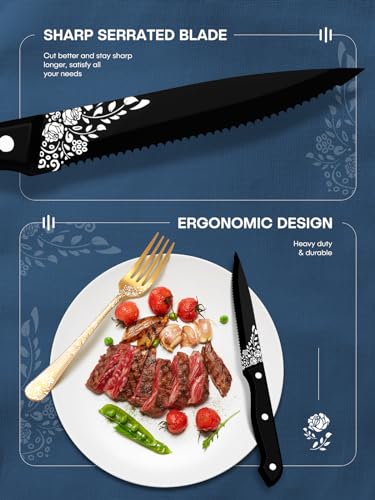 48-Piece Silverware Set with Steak Knives, Black Flatware for 8, Stainless Steel Cutlery Set a7