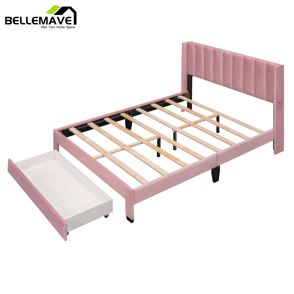 Queen Size Pink Velvet Upholstered Platform Bed with Drawer A7
