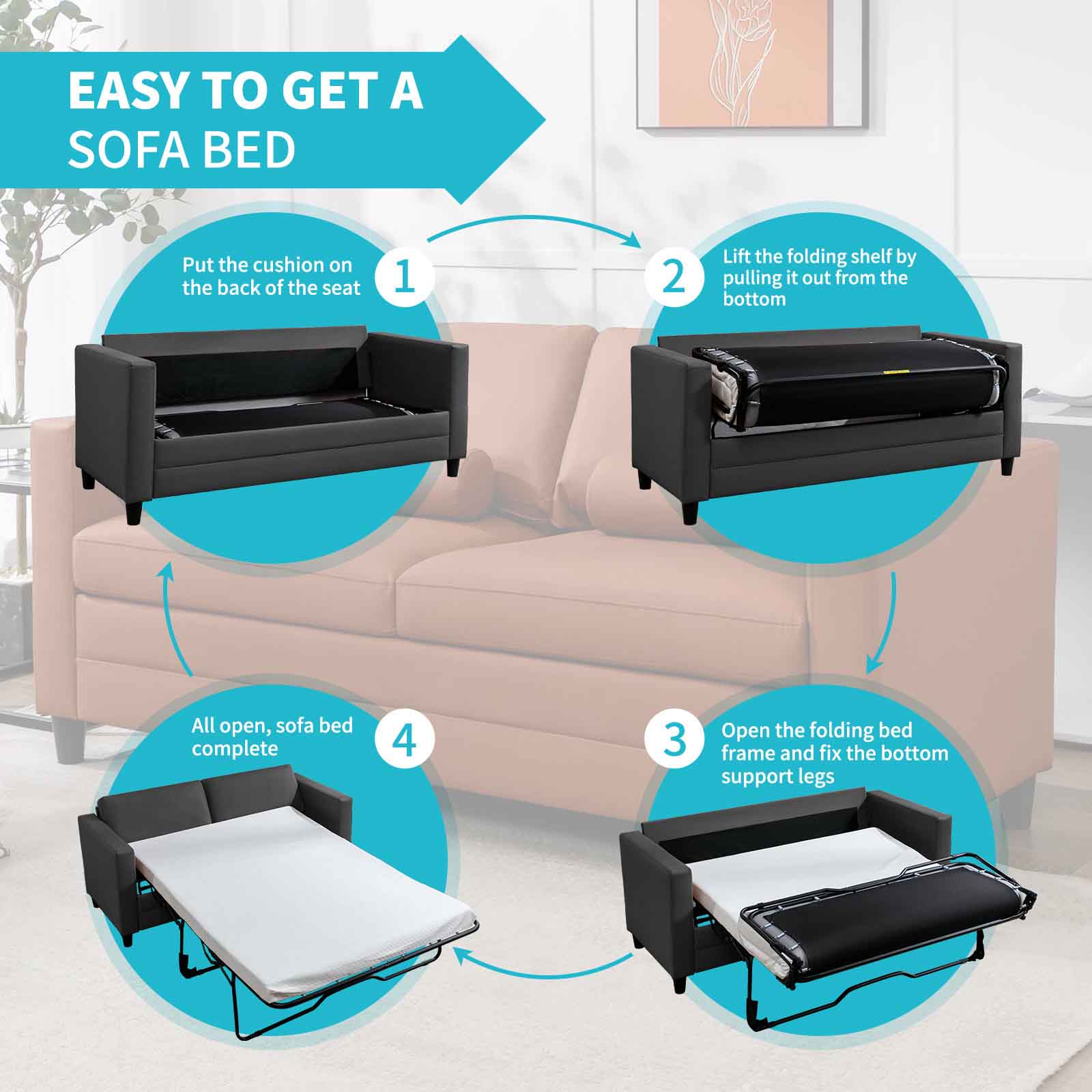 Pull Out Sofa Bed Convertible Sleeper Full Size Couch Dark Grey 7k