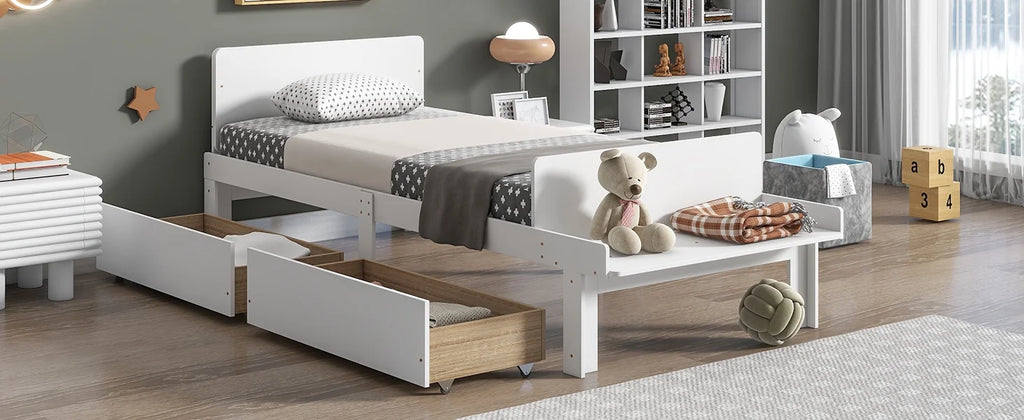 Twin Size Wood Platform Bed Frame with Headboard and 2 Storage Drawers White k7