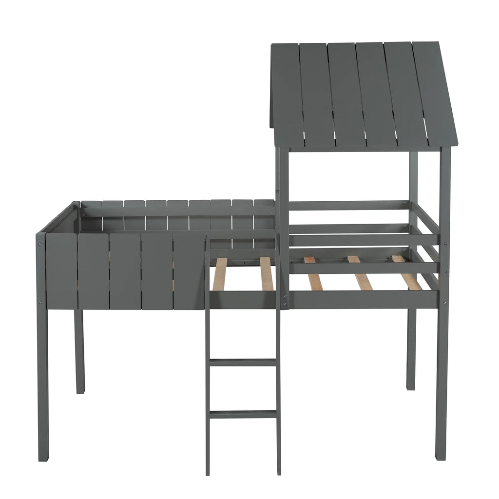 Twin Wood House Loft Bed with Roof and Ladder k7
