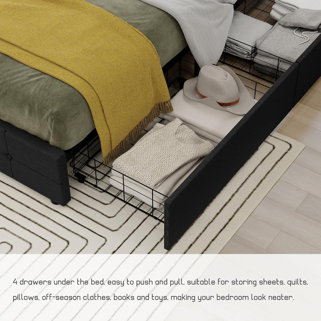 Linen Upholstered Queen Platform Bed Frame with 4 Drawers K7