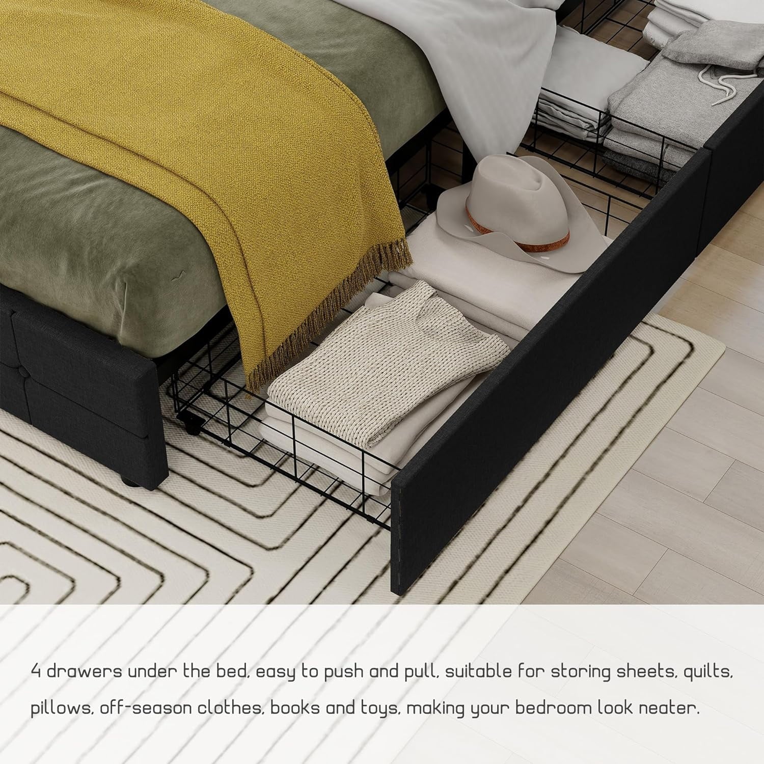 Linen Upholstered Queen Platform Bed Frame with 4 Drawers K7