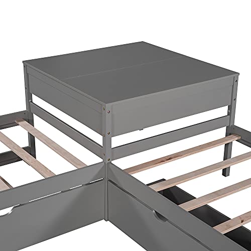 L-Shaped Corner Platform Bed with Trundle and Drawers Grey 7k