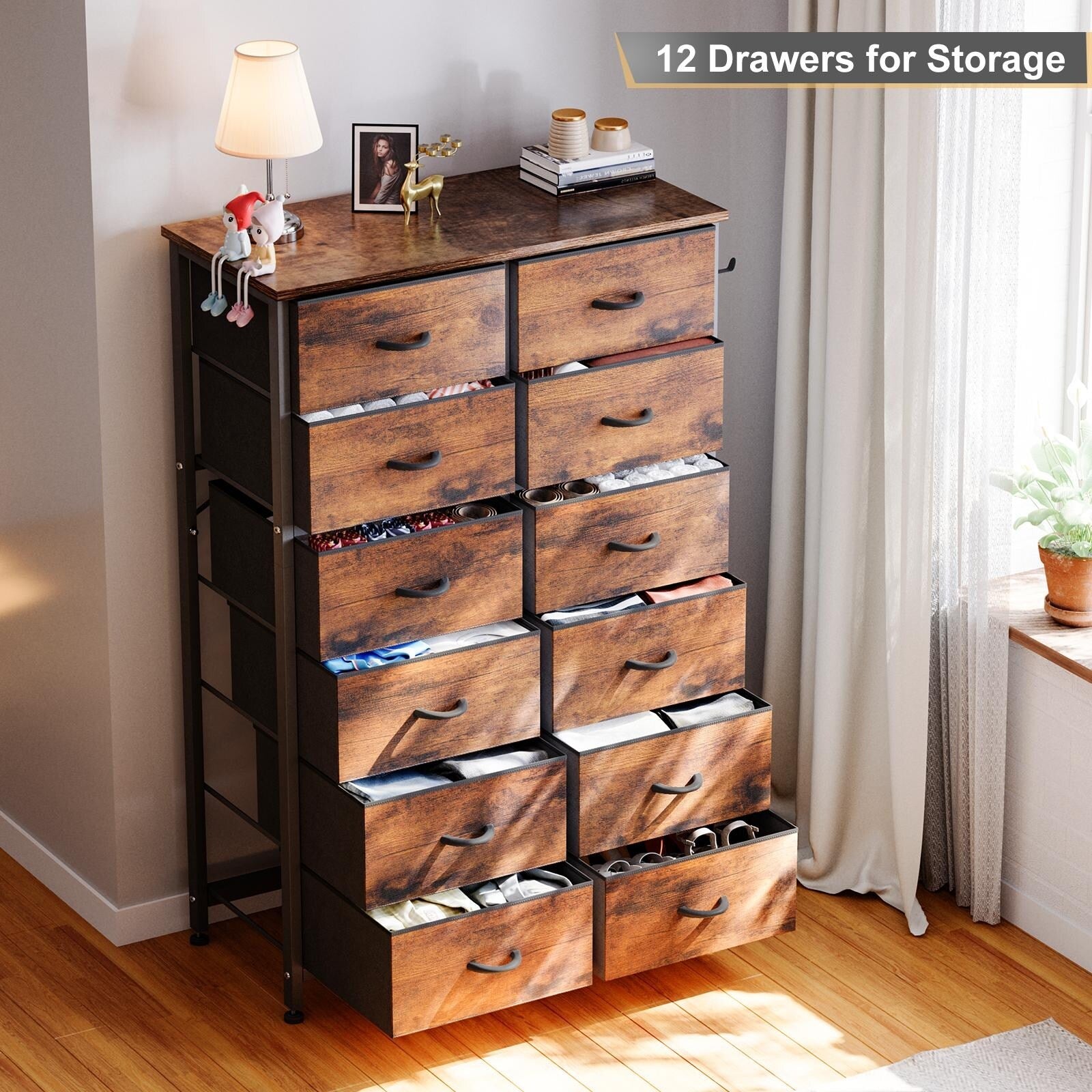 12 Drawer Dresser Tall Fabric Chest for Bedroom Rustic Brown k7
