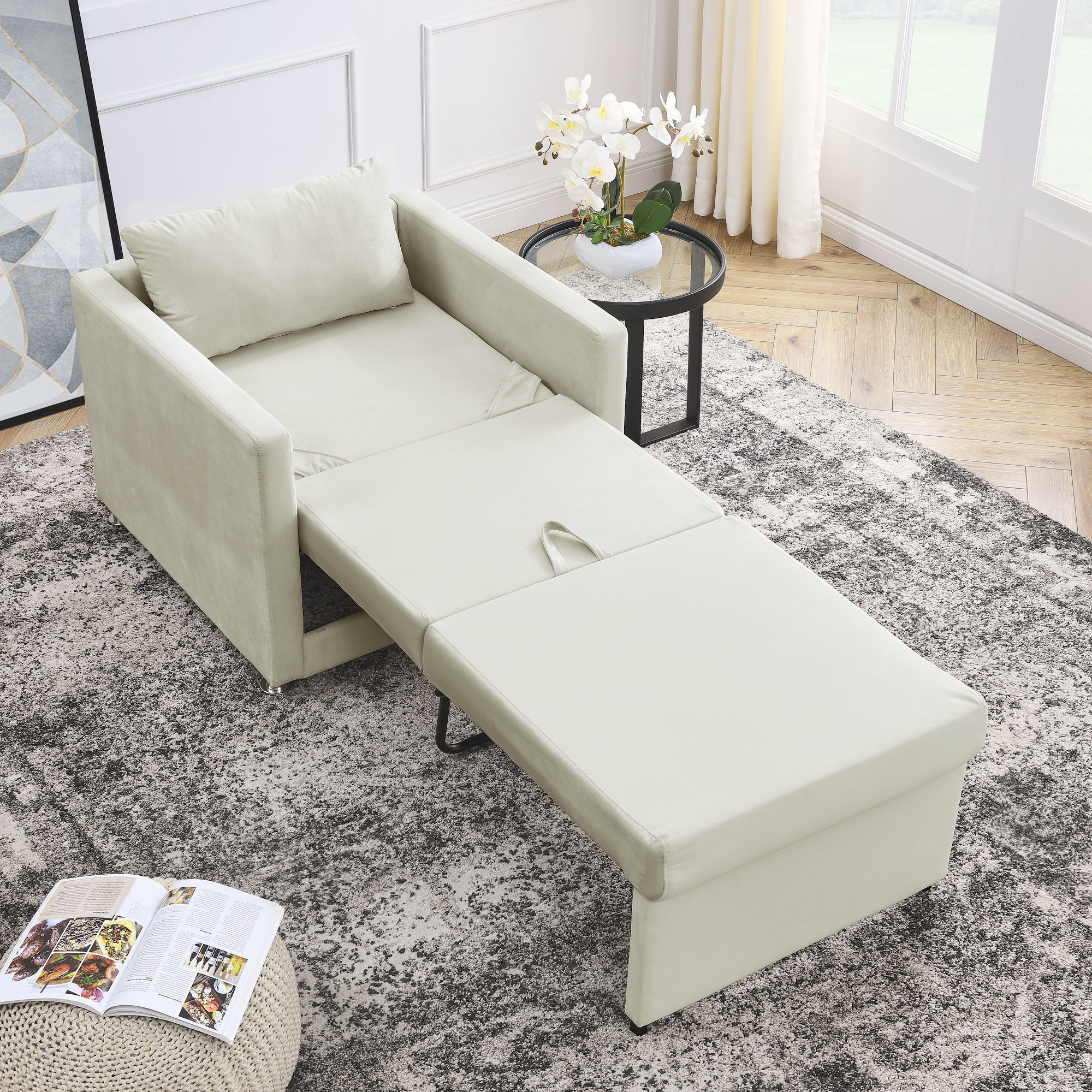 Sofa Bed Chair 2-in-1 Convertible Lounger Beige Velvet q7