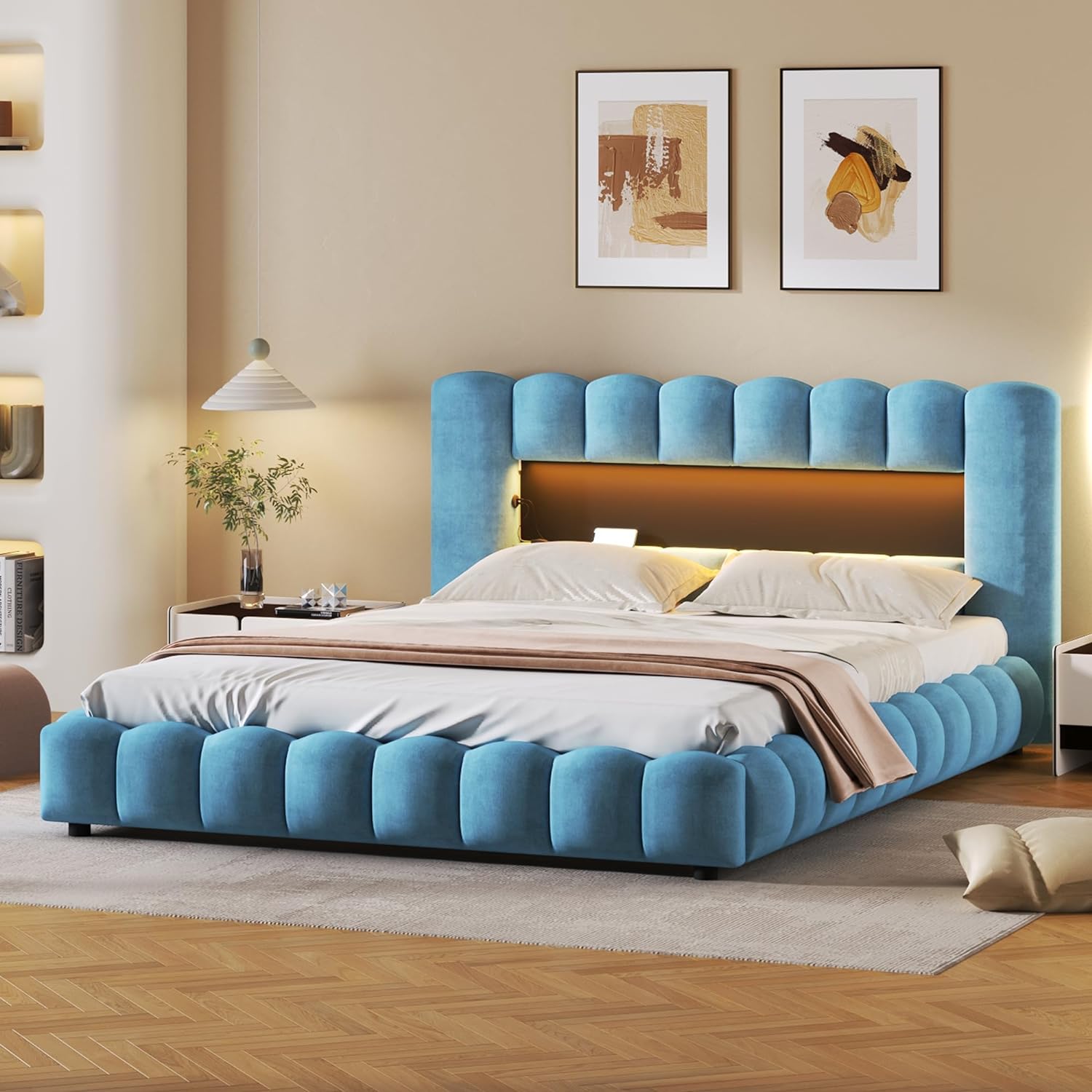 Queen Size Bed with Storage and LED Headboard k7m