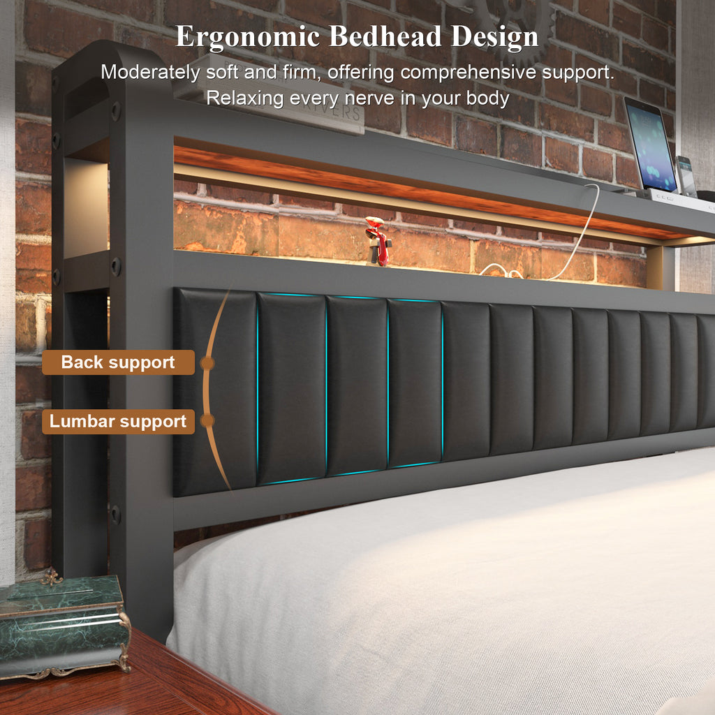Full Bed Frame with Storage Headboard and LED Lights, Charging Station, Black k7