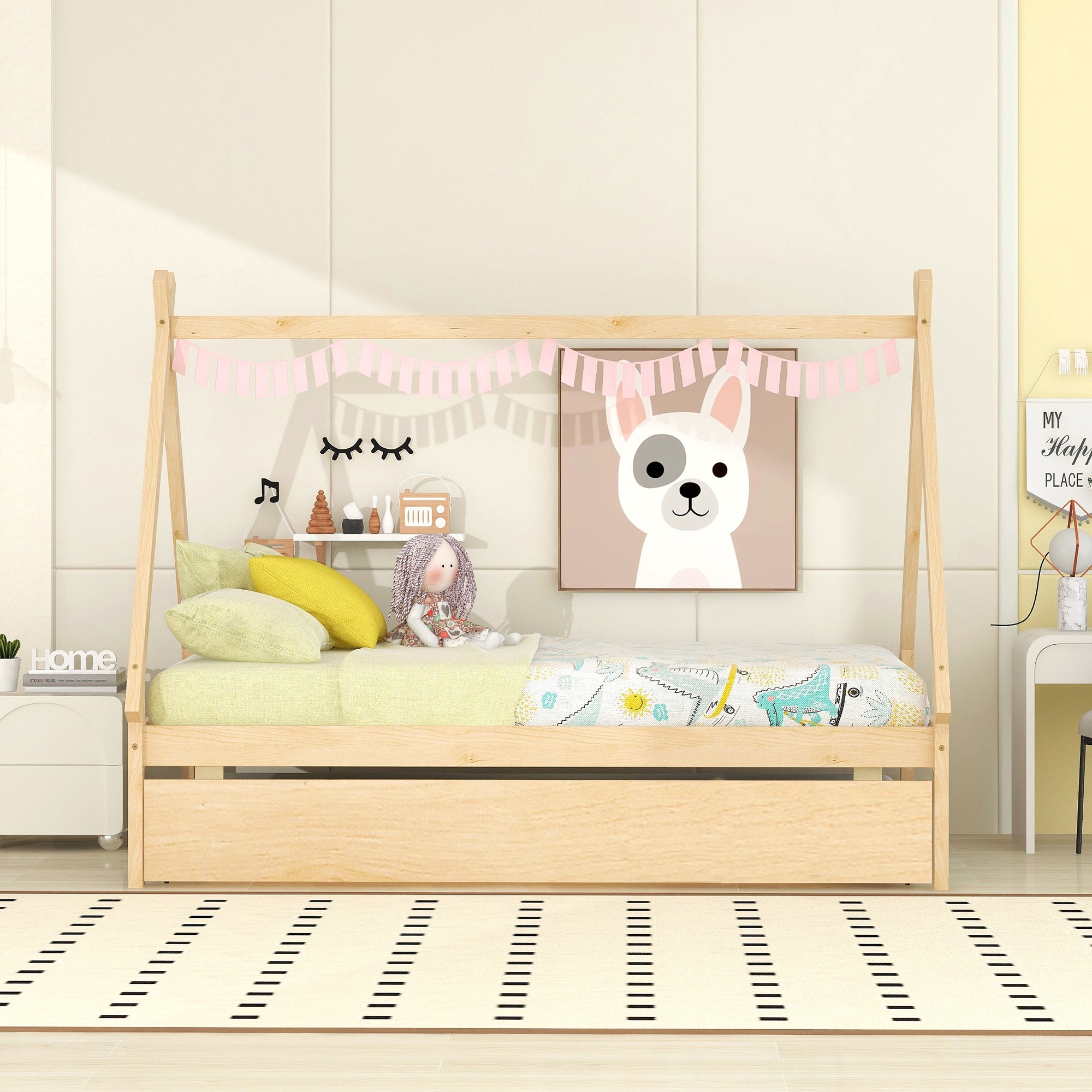 Twin Size Floor Bed with Trundle, Natural k7