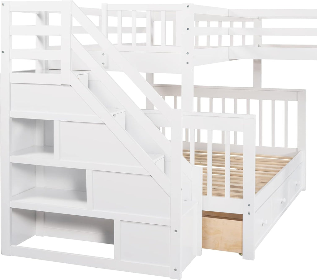 Triple Bunk Bed with Stairs and Storage Drawers White 7k