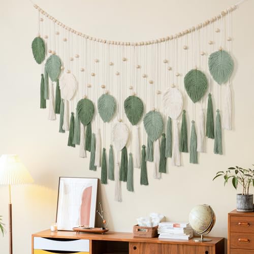 Macrame Wall Hanging Beige Green Boho Tapestry Wooden Beads Handmade Decor k7