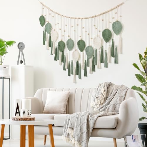 Macrame Wall Hanging Beige Green Boho Tapestry Wooden Beads Handmade Decor k7