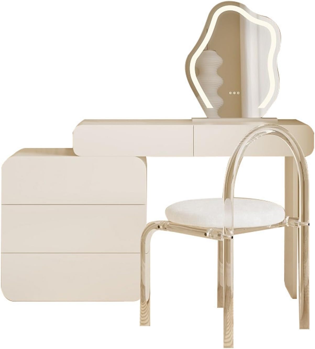Vanity Desk Modern White Vanity Set with 5 Drawers, Makeup Mirror and Acrylic Transparent Chair, Makeup Vanity Perfect for Wife Girlfriend Fashionable Girls Makeup Dressing Table