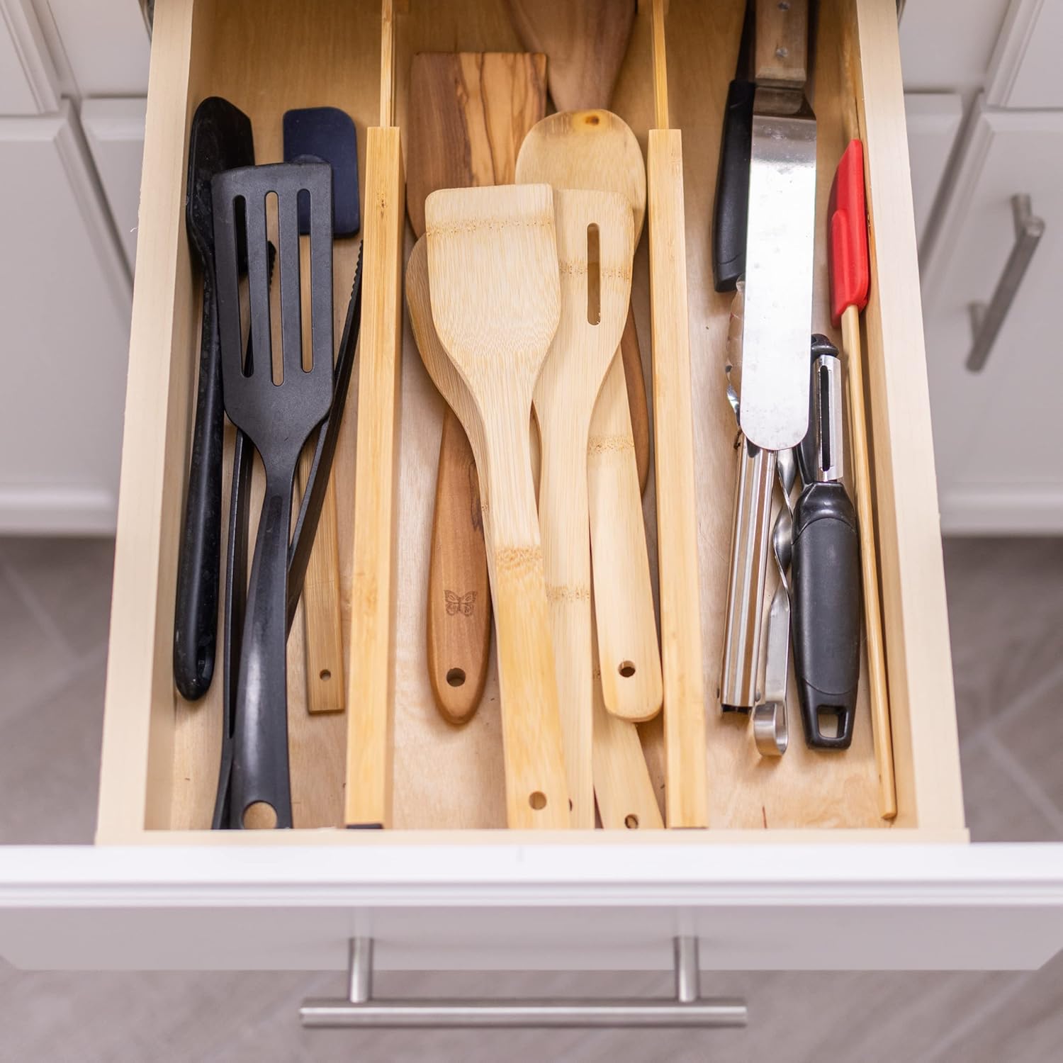 Bamboo Drawer Divider 4 Pack, Adjustable Organizer for Clothes, Kitchen, Office a7