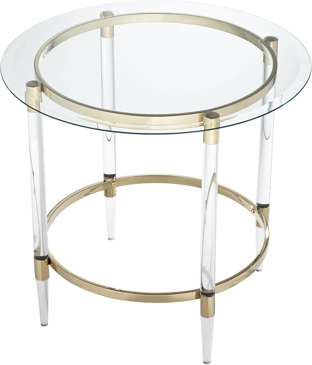 Round Glass Side Table 24" Clear Gold Rings d7k