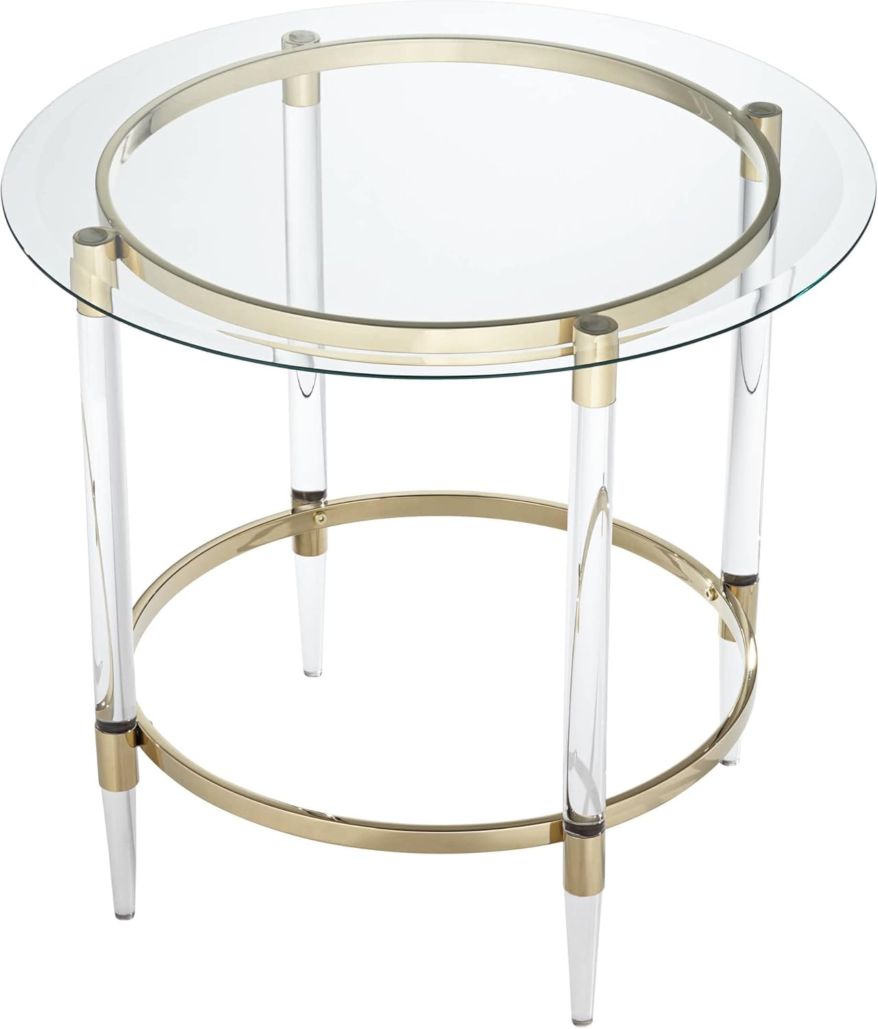 Round Glass Side Table 24" Clear Gold Rings d7k