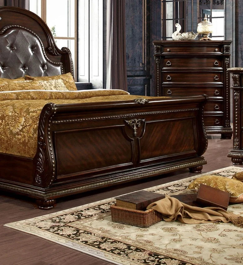 Brown Cherry King Bed Sleigh Tufted Design 7k