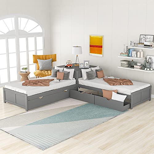 L-Shaped Corner Platform Bed with Trundle and Drawers Grey 7k
