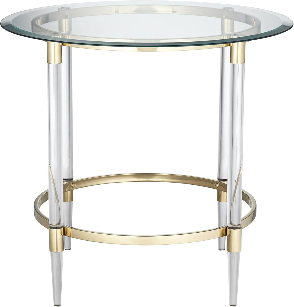Round Glass Side Table 24" Clear Gold Rings d7k