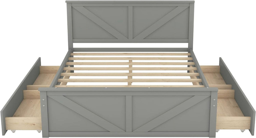Queen Bed Frame with 4 Storage Drawers Wood Platform Gray k7