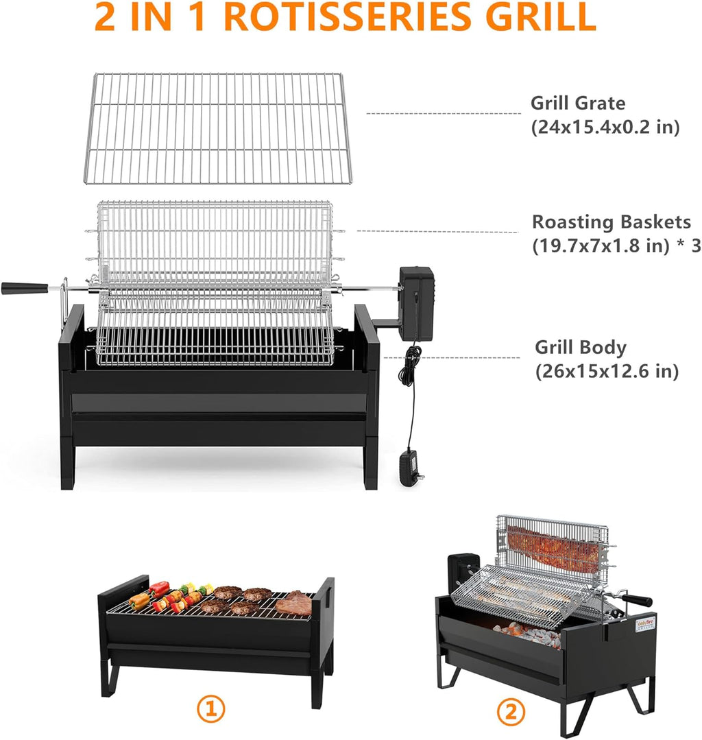 Charcoal Grill Rotisserie Kit with 3 Rotating Baskets and Grill Grate a7