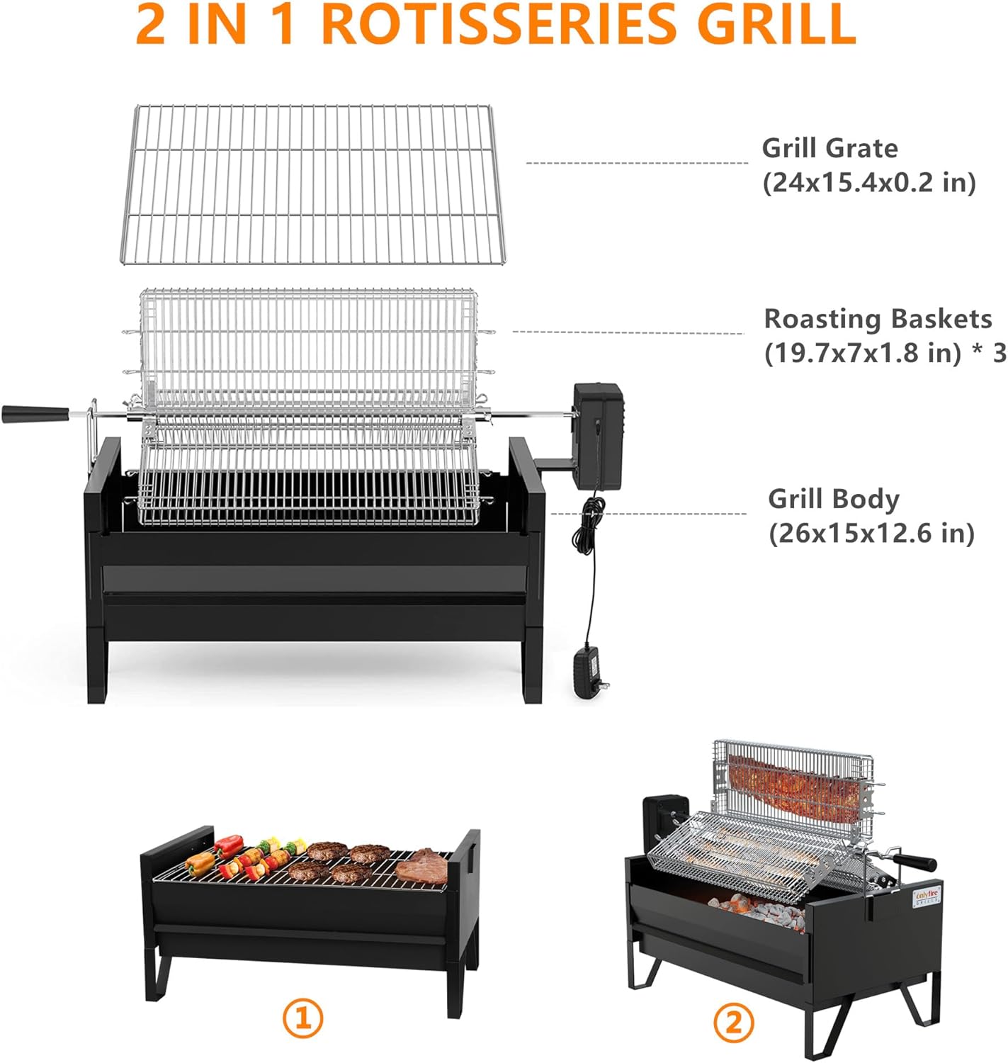 Charcoal Grill Rotisserie Kit with 3 Rotating Baskets and Grill Grate a7