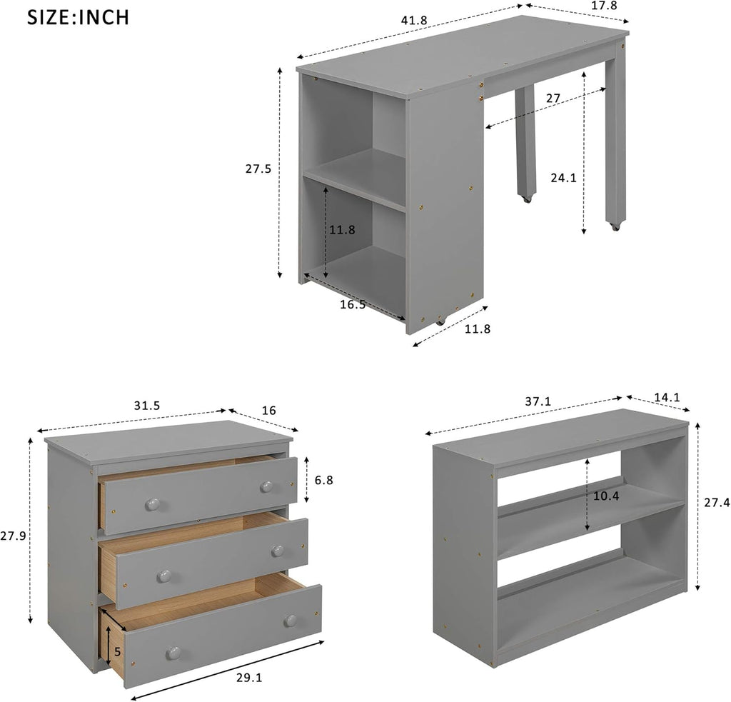 Twin Study Loft Bed with Rolling Desk and Bookcase Gray A7