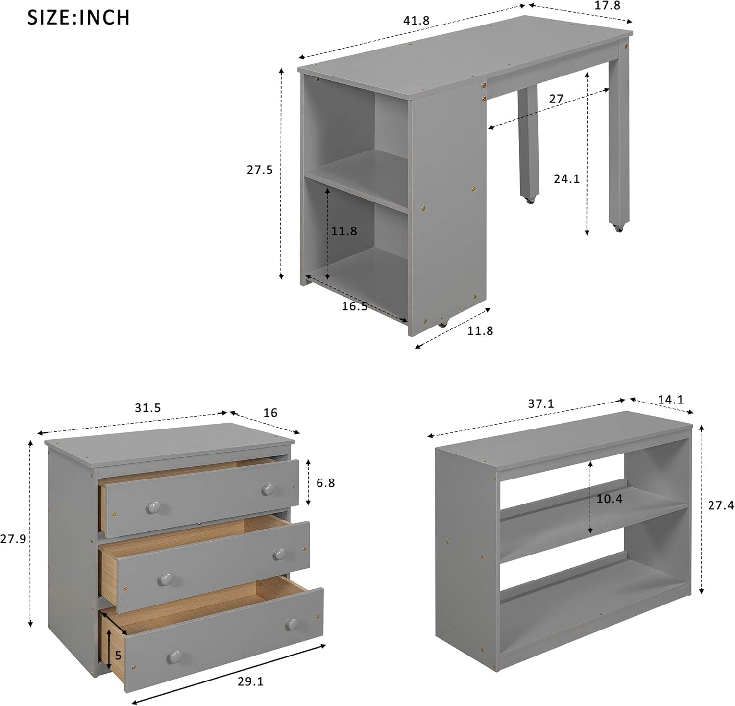 Twin Study Loft Bed with Rolling Desk and Bookcase Gray A7