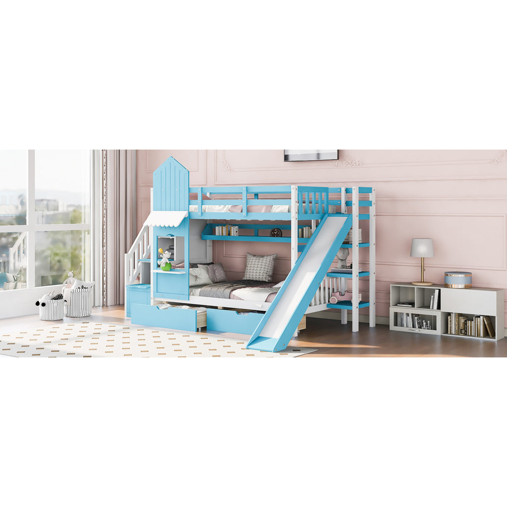 Kids Twin Bunk Bed with Slide and Drawers a7