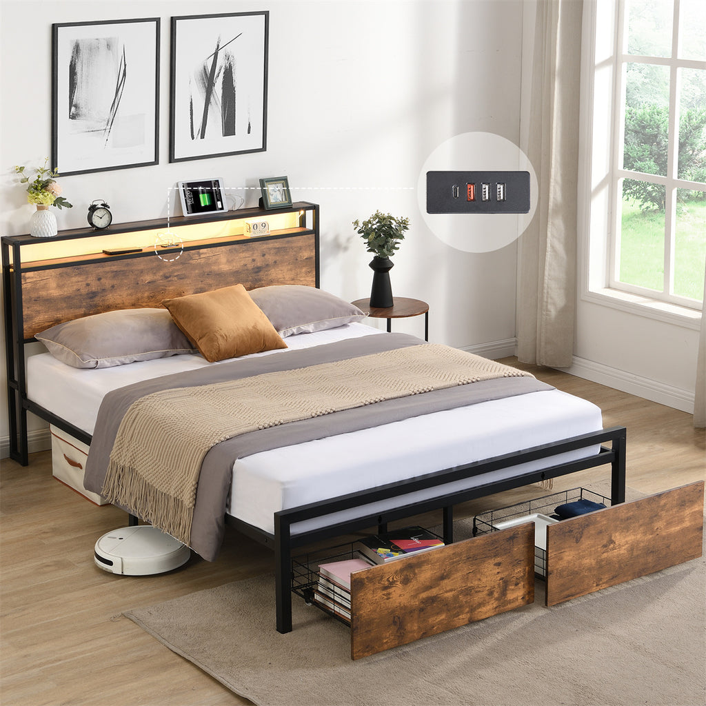 Queen Size Bed Frame with Storage Headboard and Drawers LED Lights A7