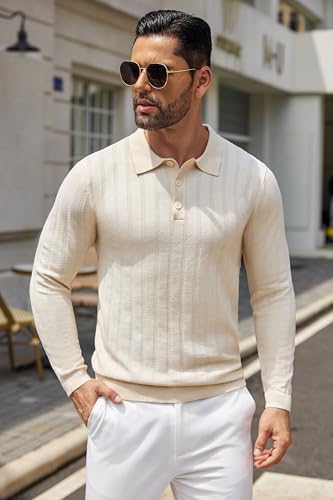 Men's Knit Polo Shirt Long Sleeve Casual Golf Top k7