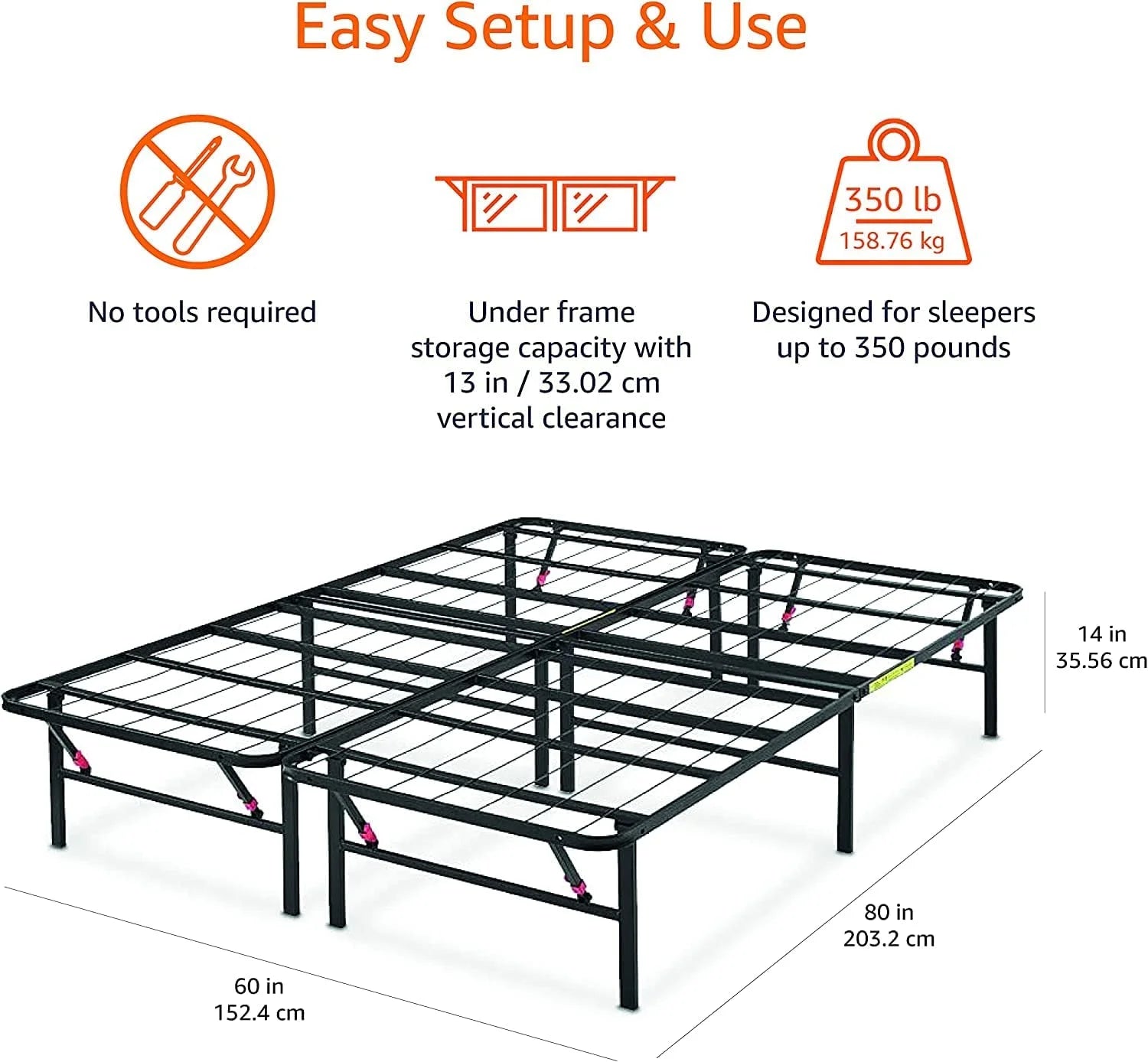 Foldable Metal Platform Bed Frame Queen Black 7k