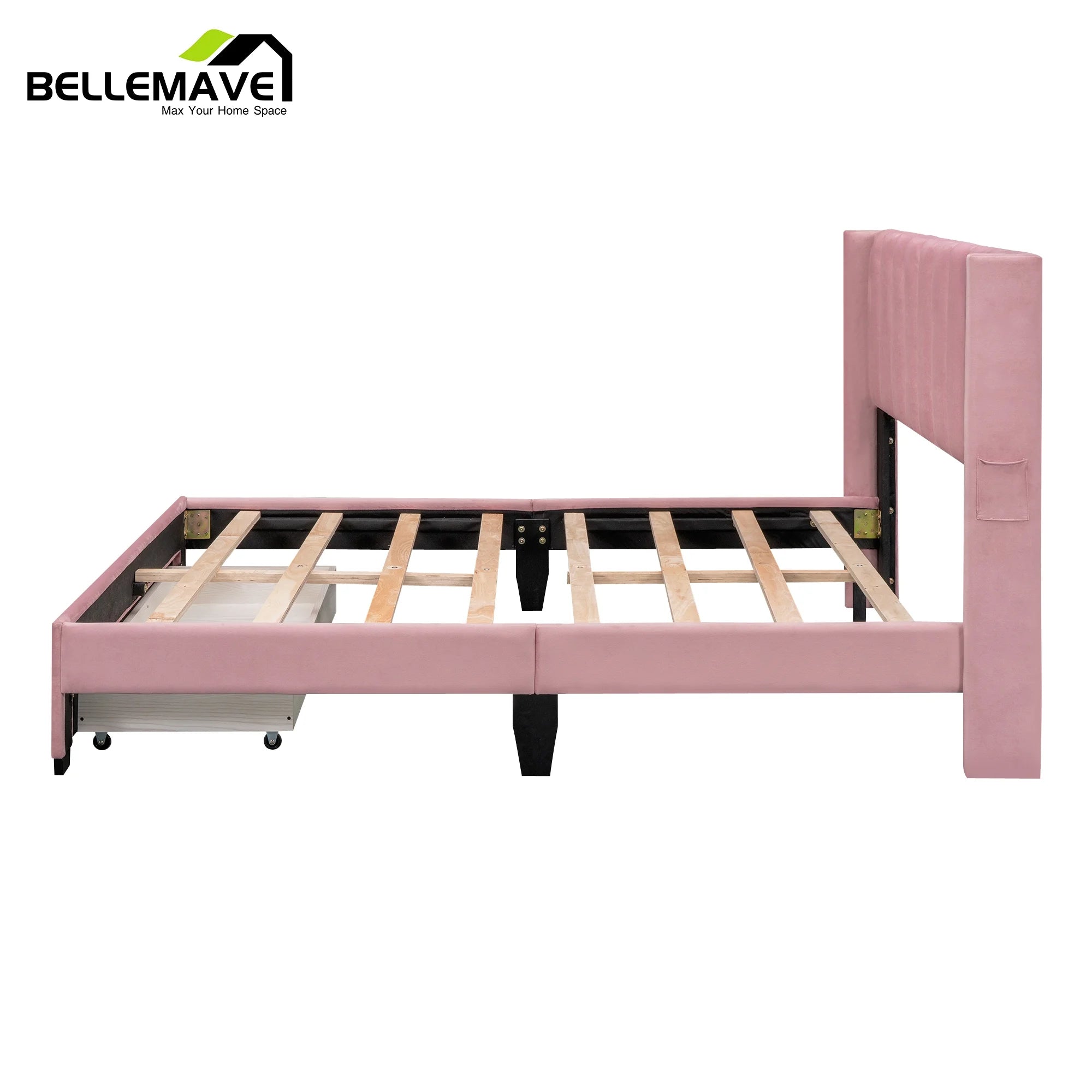Queen Size Pink Velvet Upholstered Platform Bed with Drawer A7