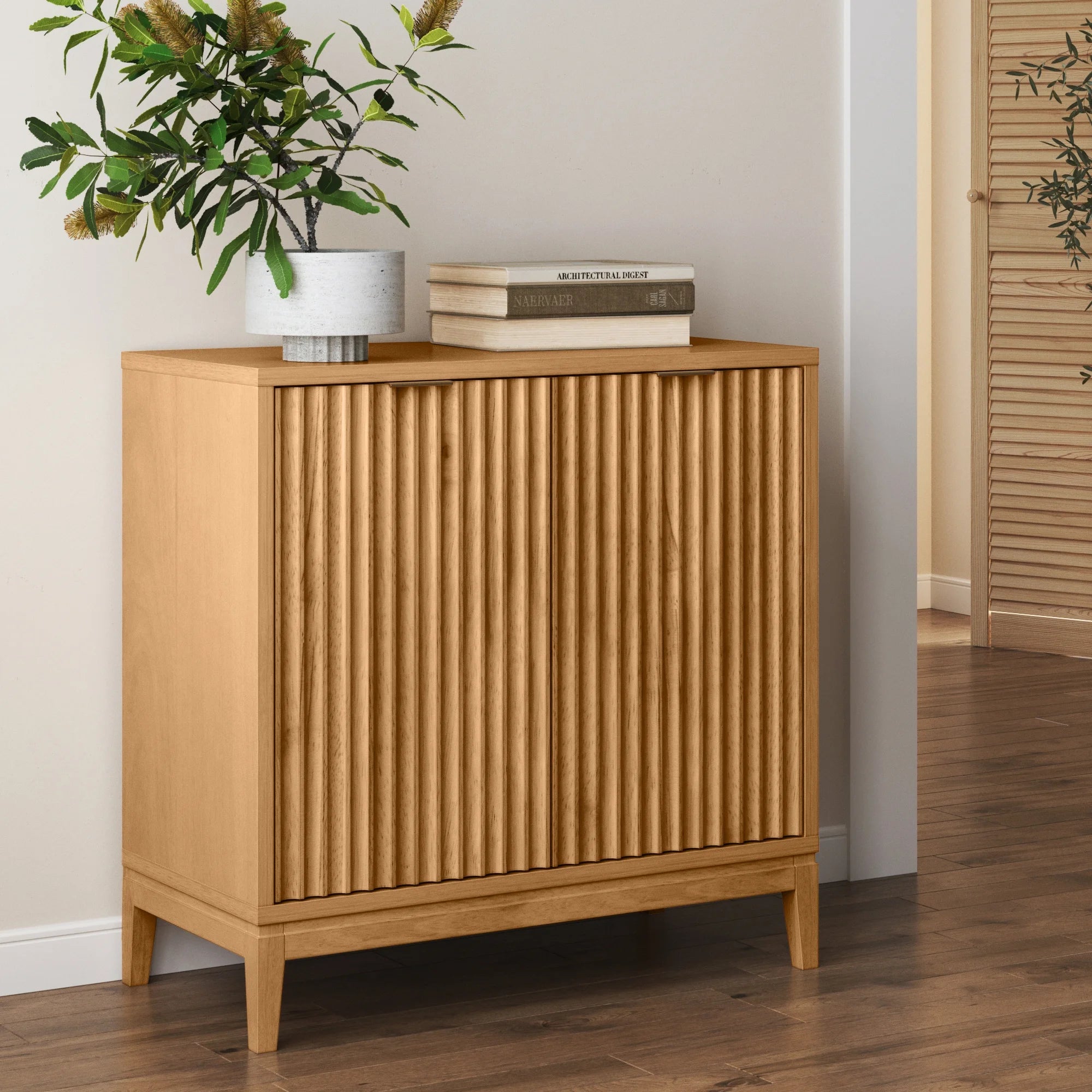 Nathan James Jasper Modern Sideboard, Kitchen Storage Cabinet with Fluted Doors, Accent Storage for Kitchen or Living Room, Natural Brown