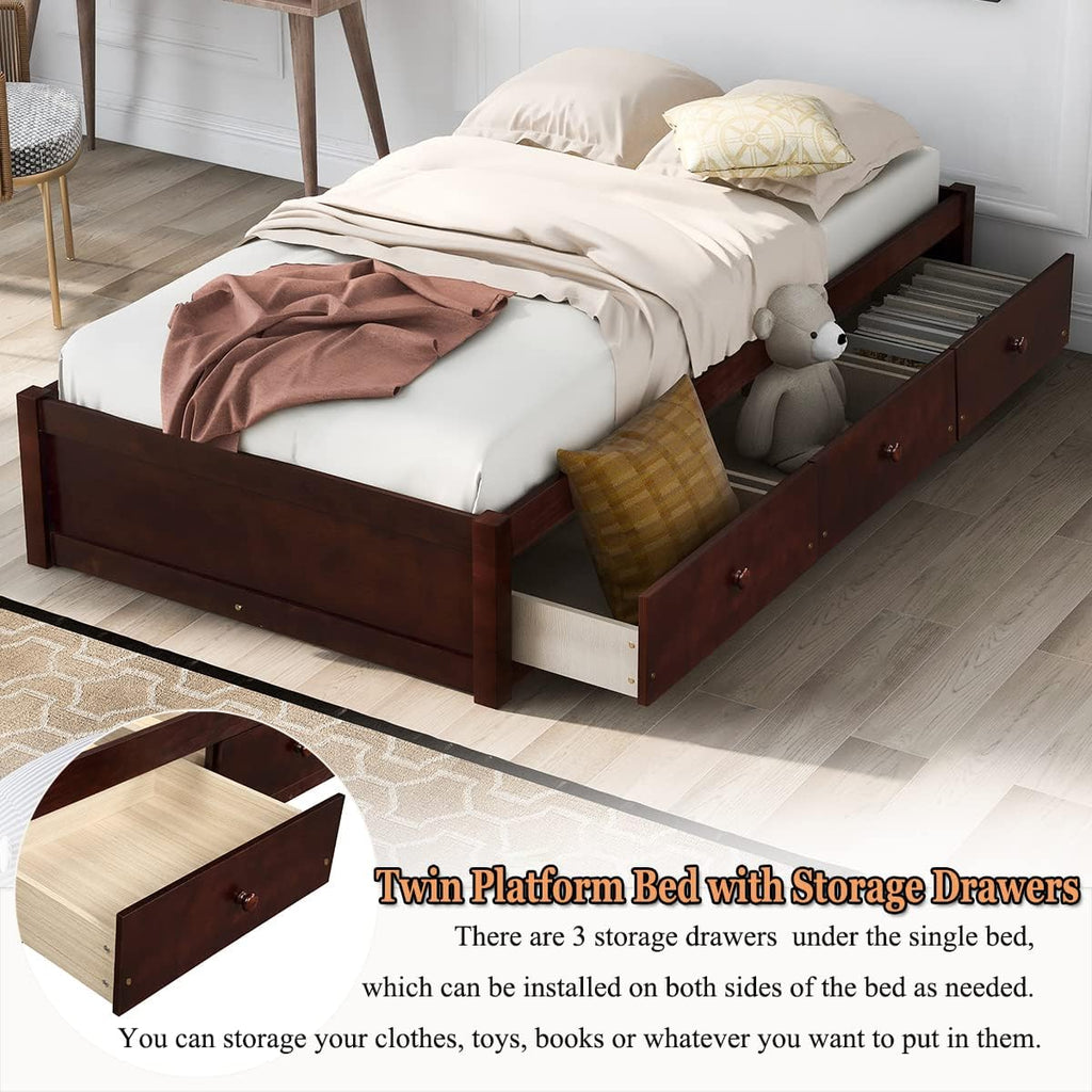 Storage Bed with 3 Drawers Wood Platform Frame k7