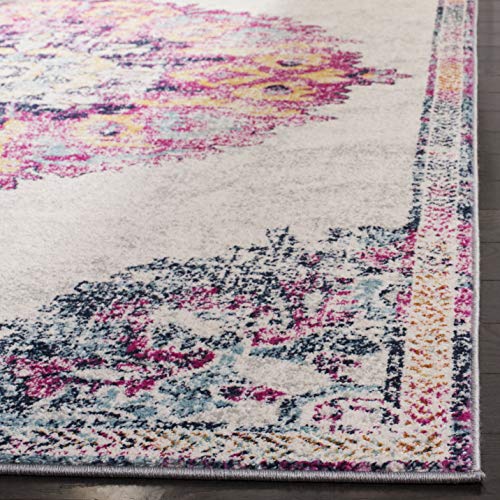Runner Rug 2x6 Ivory Fuchsia Medallion Distressed k7
