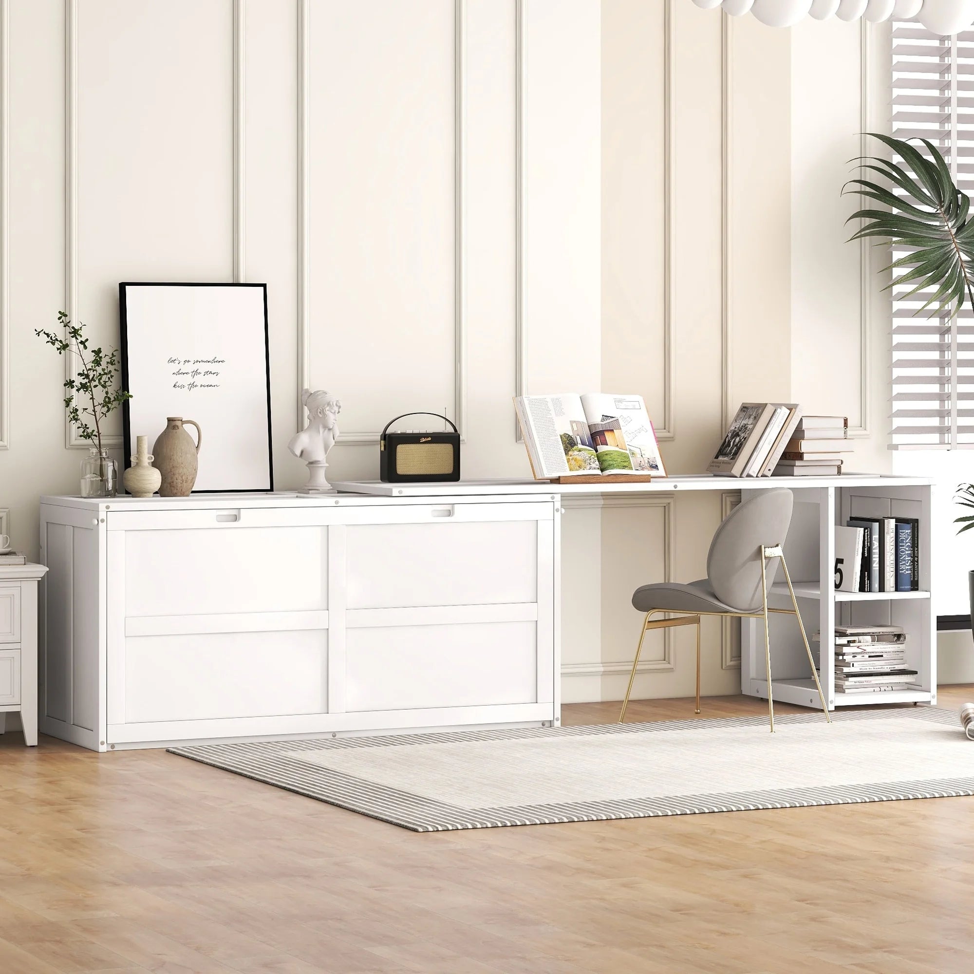 Murphy Bed with Rotable Desk and Storage Shelves, Solid Pine Wood White k7
