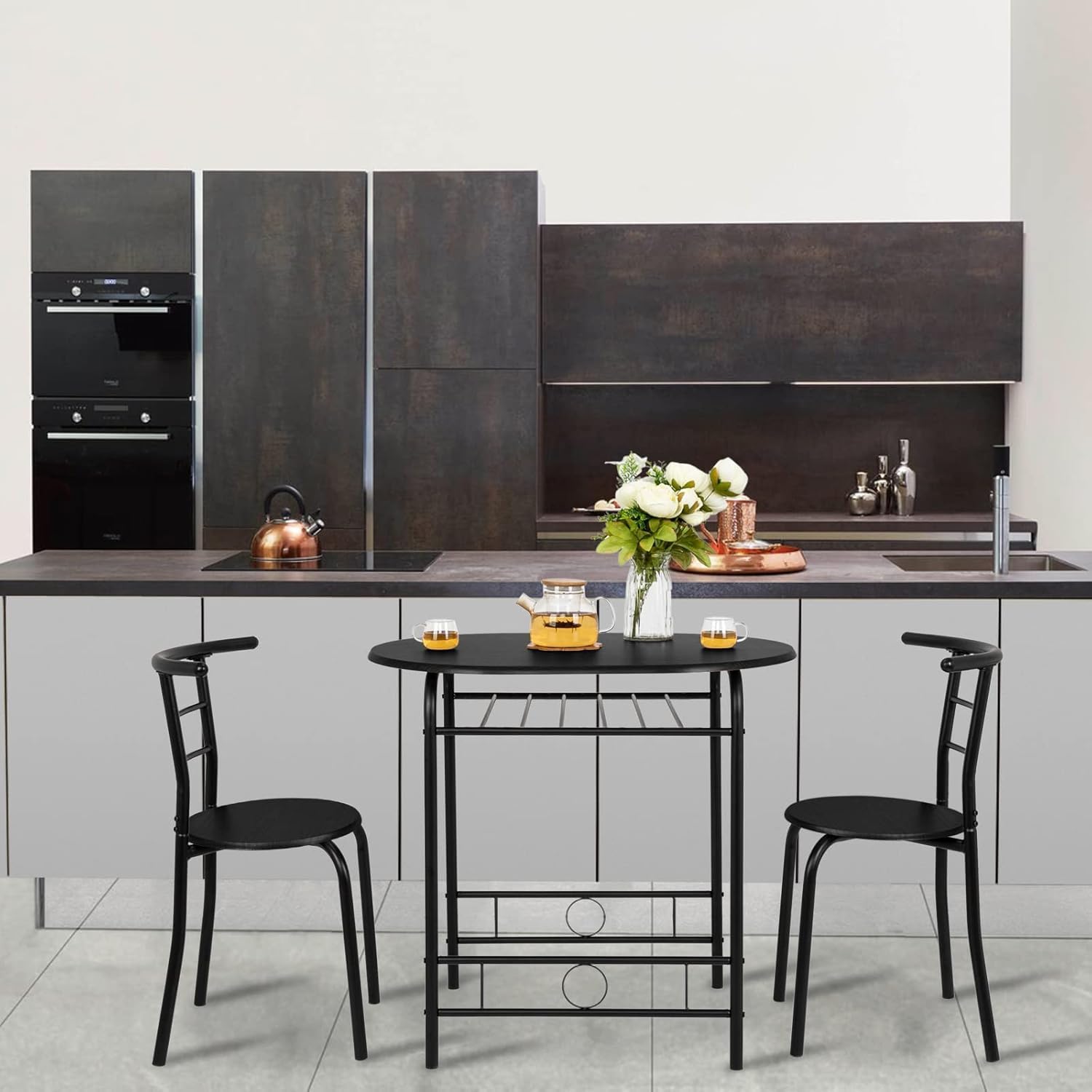 Kitchen Table Set for 2 with Chairs, Metal Frame, Black A7