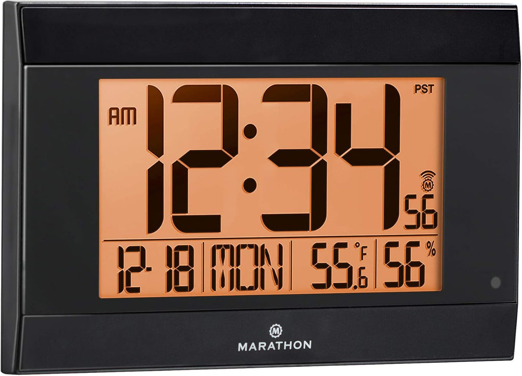 Marathon Large Atomic Wall Clock with Auto Backlight, Calendar, Temperature, and Humidity - Batteries Included - CL030052